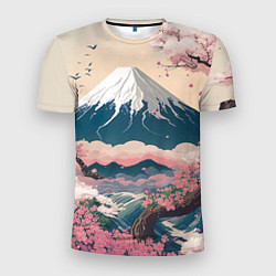 Мужская спорт-футболка Японский пейзаж: цветение сакуры у горы Фудзияма