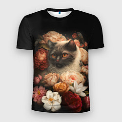 Мужская спорт-футболка Милый котик окружённый цветами