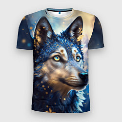 Мужская спорт-футболка Волк на синем фоне