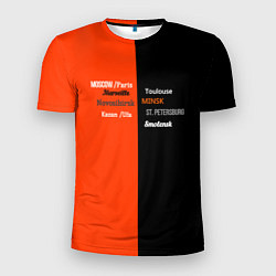 Мужская спорт-футболка Черно-оранжевый с названиями городов