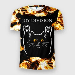 Футболка спортивная мужская Joy Division рок кот и огонь, цвет: 3D-принт