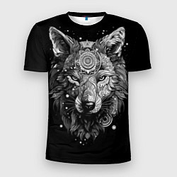 Мужская спорт-футболка Волк в черно-белом орнаменте