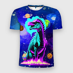 Мужская спорт-футболка Динозавр в космосе - неоновое свечение