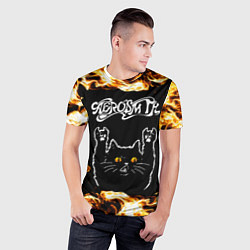Футболка спортивная мужская Aerosmith рок кот и огонь, цвет: 3D-принт — фото 2