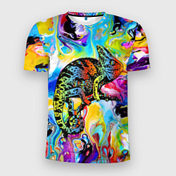 Мужская спорт-футболка Маскировка хамелеона на фоне ярких красок