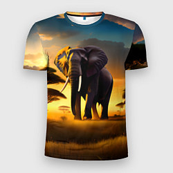 Мужская спорт-футболка Слон и рассвет в саванне