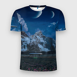 Футболка спортивная мужская Ночные горы в природе и небо с нло, цвет: 3D-принт