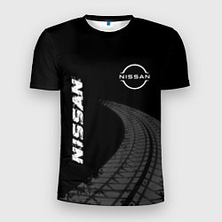 Мужская спорт-футболка Nissan speed на темном фоне со следами шин: надпис
