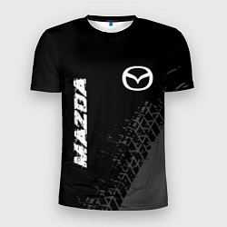 Мужская спорт-футболка Mazda speed на темном фоне со следами шин: надпись