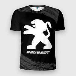 Мужская спорт-футболка Peugeot speed на темном фоне со следами шин