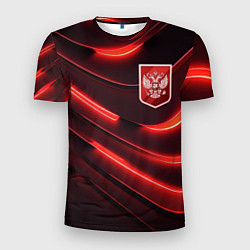 Мужская спорт-футболка Красный неоновый герб России