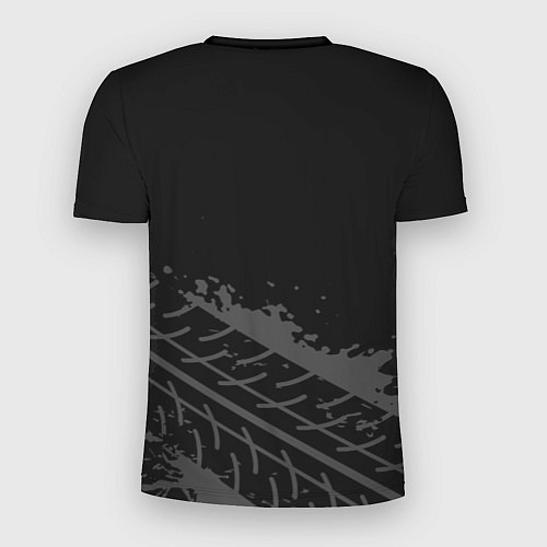 Мужская спорт-футболка Skoda speed на темном фоне со следами шин: символ / 3D-принт – фото 2