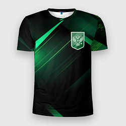 Мужская спорт-футболка Герб РФ зеленый черный фон