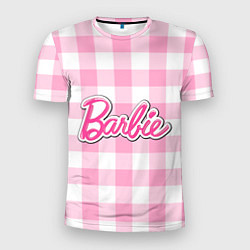 Мужская спорт-футболка Барби лого розовая клетка