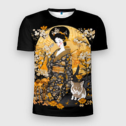 Мужская спорт-футболка Японская гейша с кошкой
