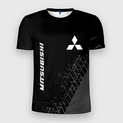 Мужская спорт-футболка Mitsubishi speed на темном фоне со следами шин: на