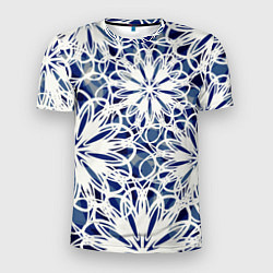 Мужская спорт-футболка Стилизованные цветы абстракция синее-белый
