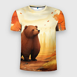 Мужская спорт-футболка Мишка в осеннем лесу фолк-арт