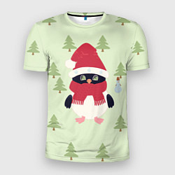 Мужская спорт-футболка Пингвин в лесу со снеговиком