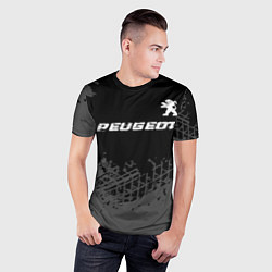 Футболка спортивная мужская Peugeot speed на темном фоне со следами шин посере, цвет: 3D-принт — фото 2