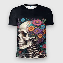 Мужская спорт-футболка Скелет среди цветов