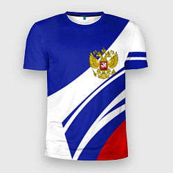 Футболка спортивная мужская Герб России на абстрактных полосах, цвет: 3D-принт