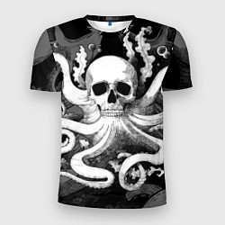 Мужская спорт-футболка Череп осьминог с водорослями и пузырями