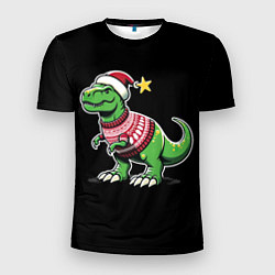 Мужская спорт-футболка Динозавр в рождественнском свитере