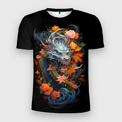 Мужская спорт-футболка Китайский дракон с цветами и волнами