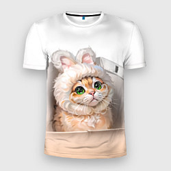 Мужская спорт-футболка Милый кот-мем в шапке с ушками - бежевый градиент