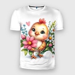 Мужская спорт-футболка Мультяшный цыпленок с цветами