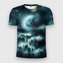 Мужская спорт-футболка Луна и туман в лесу