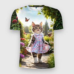 Мужская спорт-футболка Кошка в летнем платье в саду