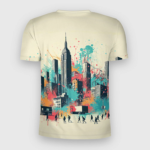 Мужская спорт-футболка Силуэты людей и небоскребов в брызгах краски / 3D-принт – фото 2
