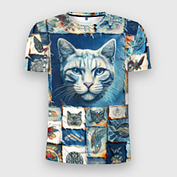 Мужская спорт-футболка Кошка на дениме - пэчворк