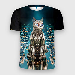 Мужская спорт-футболка Кибер кот сидит на печатной плате