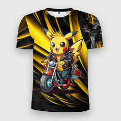 Мужская спорт-футболка Пикачу на красном мотоцикле