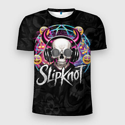 Мужская спорт-футболка Slipknot на фоне черепа демона с рогами в очках