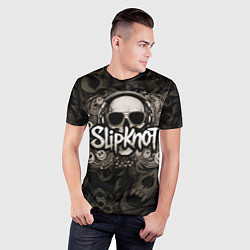 Футболка спортивная мужская Slipknot на фоне черепа в очках и наушниках, цвет: 3D-принт — фото 2