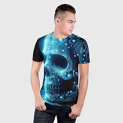 Футболка спортивная мужская Cyber neon skull - ai art с дорожками на плате, цвет: 3D-принт — фото 2