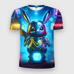 Мужская спорт-футболка Neon cyber Pikachu made of metal steel - ai art