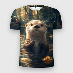 Мужская спорт-футболка Выдра в летнем пруду