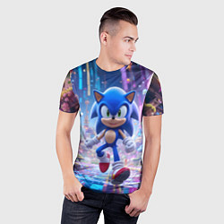 Футболка спортивная мужская Sonic в неоновом городе, цвет: 3D-принт — фото 2