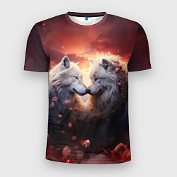 Мужская спорт-футболка Влюбленные волки в цветах