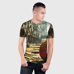Футболка спортивная мужская Баскетбольный мяч и город постапокалипсиса, цвет: 3D-принт — фото 2