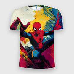 Мужская спорт-футболка Человек паук висит на паутине