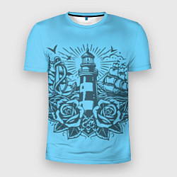 Мужская спорт-футболка Маяк с розами и кораблем