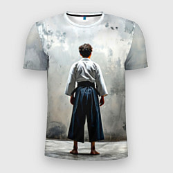 Мужская спорт-футболка Боец айкидо на сером