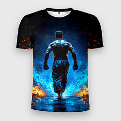 Мужская спорт-футболка Боец крав-мага в синем пламени