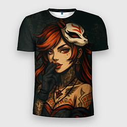 Мужская спорт-футболка Рыжая девушка с маской лисы дерзкий стиль